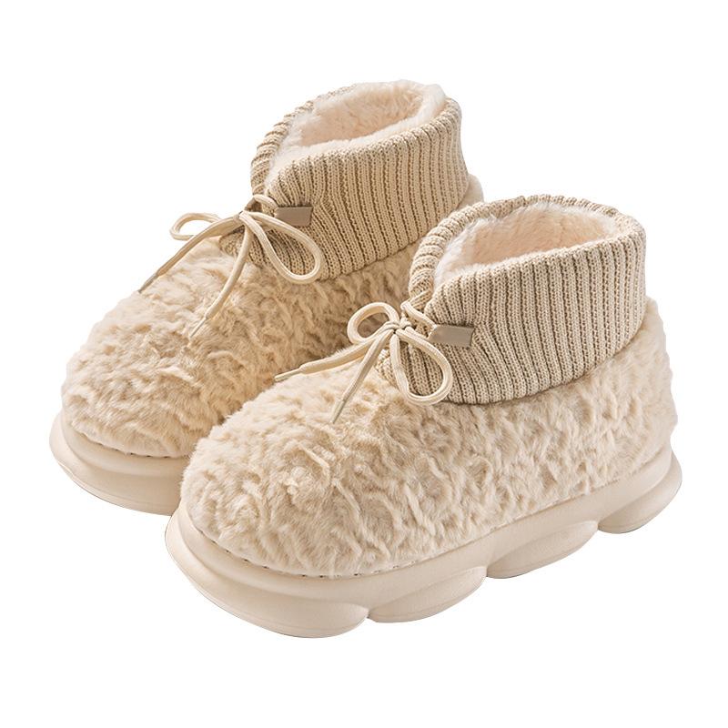 Winter Lacing Plush Warm Cotton Shoes Women's Solid Color Thick Bottom Fluffy Couple Boots Casual Big Size Ladies Shoes