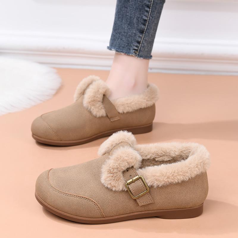 Winter New Retro Velvet Round Head Flat Bottom One-pedal Thermal Shoes Women's Matte Lamb Wool Cotton Shoes
