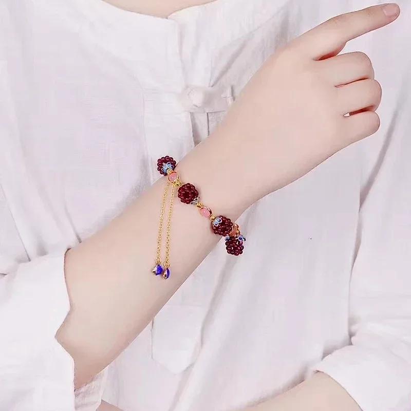 Women Summer Fashion Bohemia Cute Natural Garnet Stone Ethnic Bracelet Multi-Circle Pomegranate Crystal Charming Bracelet Gifts