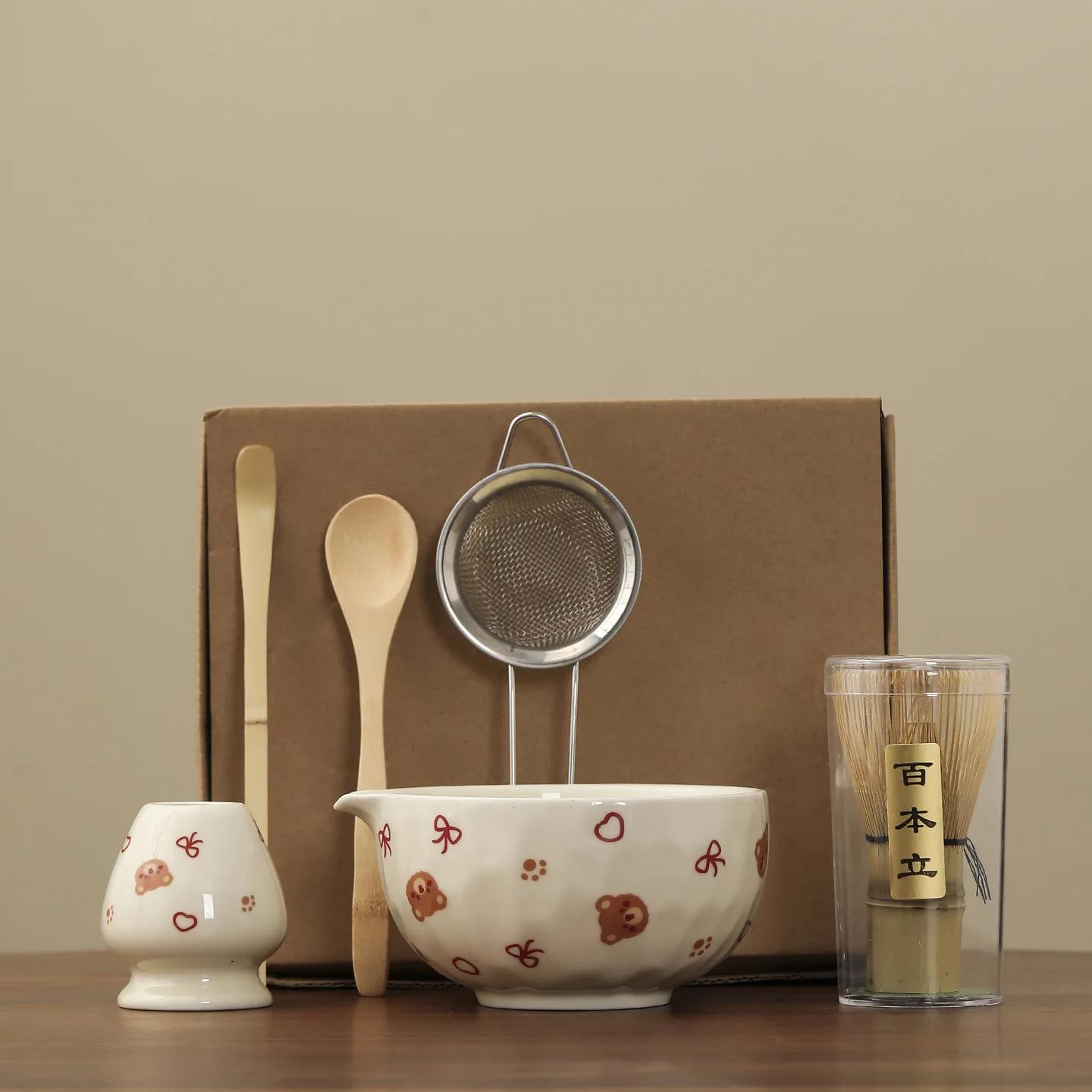 6PCS/Set Little Bear Bow Bamboo Ceramic Japanese Matcha Tea Set Matcha Bowl Spoon Tea-Making Tools Matcha Whisk Set Accessories