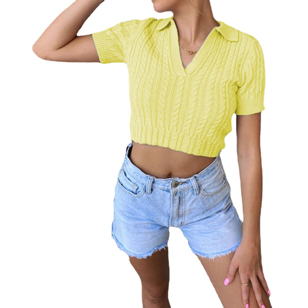 T-shirt tinta unita a maniche corte slim lavorata a maglia moda donna estiva