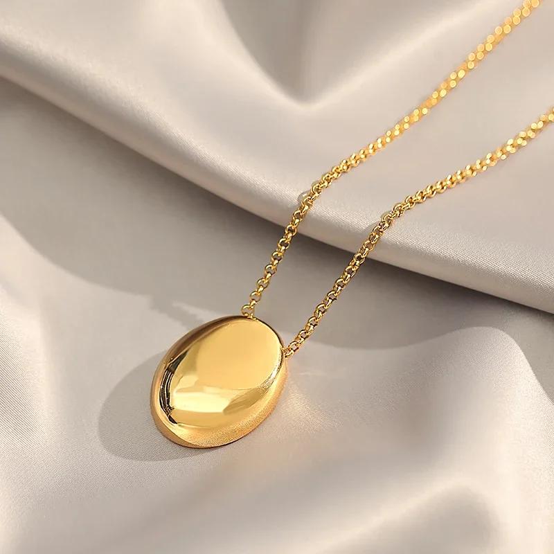 European and American Oval Pendant Stainless Steel Gold Color Long Necklace Fashion Jewelry Accessories Sweater Chian for Womens