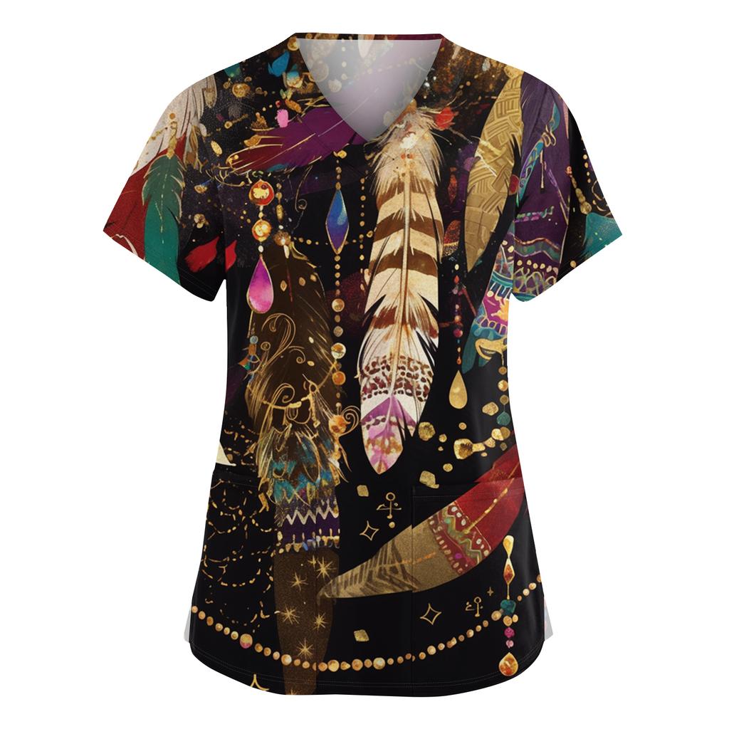 Women's Fashionable V-neck Workwear Printed Short Sleeved Pocket Side Slit Workwear Basic Pullover Top