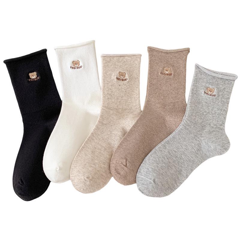 2025 Spring/Fall Women's Mid-Calf Cartoon Bear Pile Socks - Retro College Style, Warm and Rolled Edge