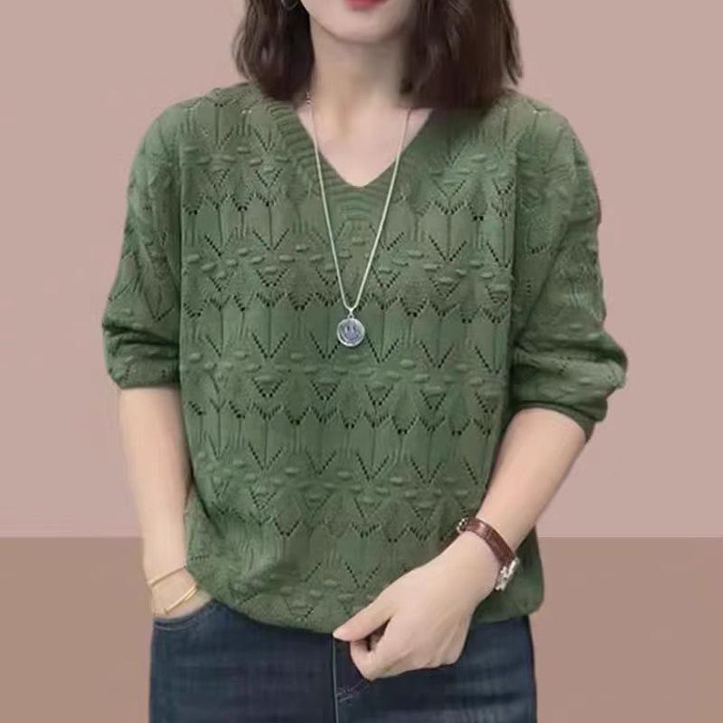 Pull à col en V tricoté pour femmes, printemps et été, pull ample à manches longues ajouré pour femmes
