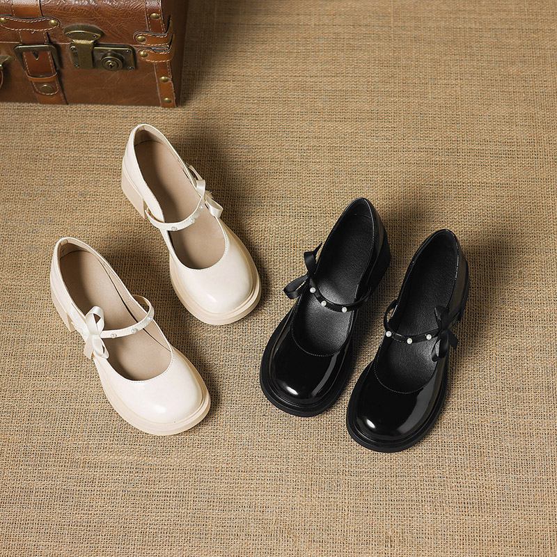 Krazing Pot Microfiber Round Toe Thick Med Heels Spring Summer Shoes Big Size 43 Pearl Bowtie Women Platform Pumps