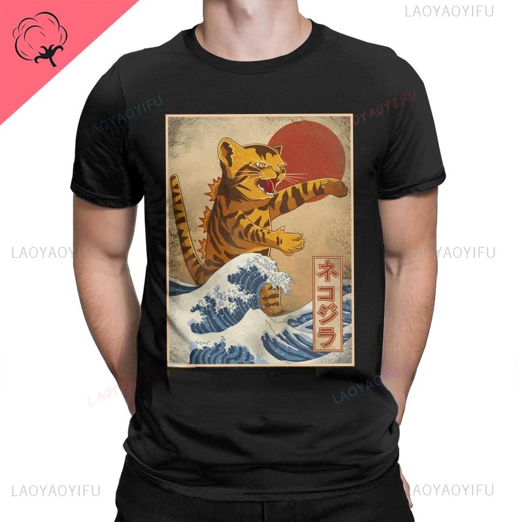 Vtipné Catzilla Japonsko Kočka Kotě Milovník Pánské Tričko Pánské Ležérní Trička Léto Hombre Nadměrné Tričko Harajuku Tričko Pánské Oblečení