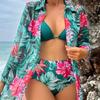 European & American Print Bikini Set: Sexy Tropical Rainforest Style with Split Swimsuit and Long Sleeve Cover-up.