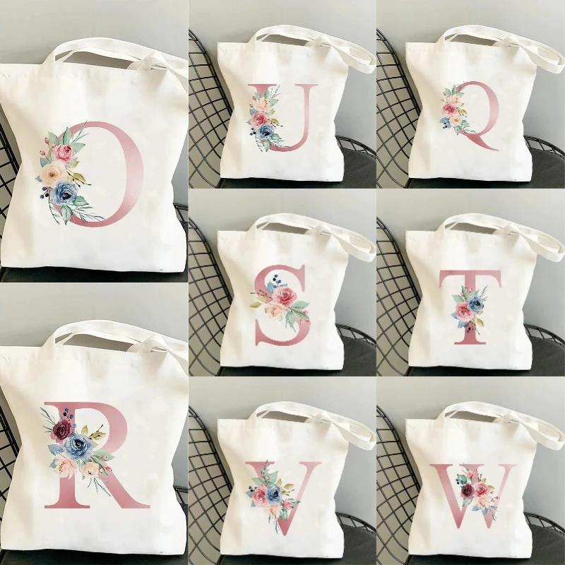 Canvas Bag Women's Travel and Leisure One Shoulder Handbag Pink Letter Large Capacity Gift White Canvas