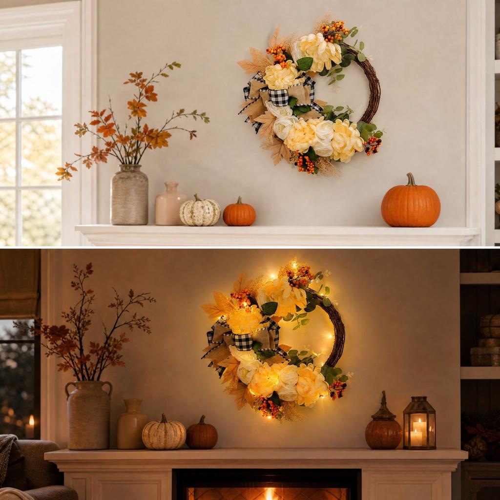 Artificial Fall Wreath with Golden Warm Light for Front Door Home Decor