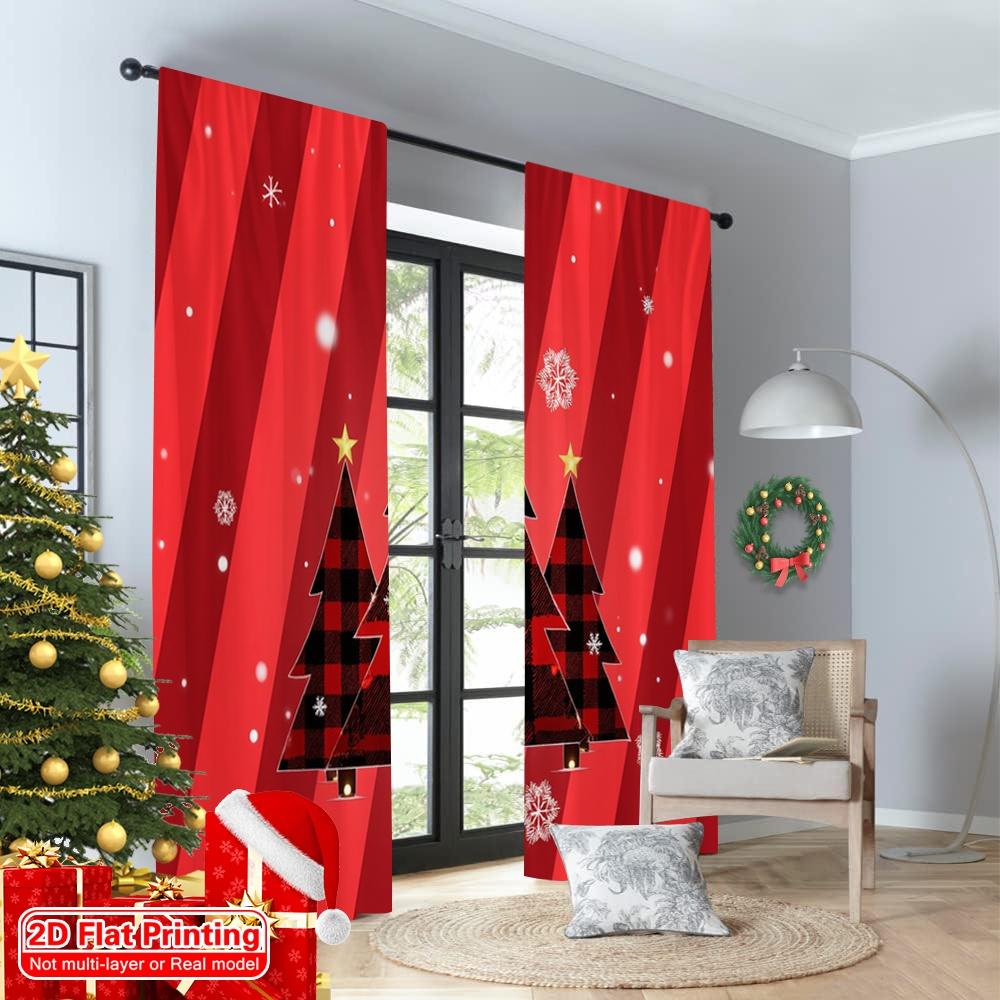 2pcs 2D flat printing Merry Christmas Drapes Buffalo Plaid Christmas Trees_b Polyester Without Electricity Family Party for room
