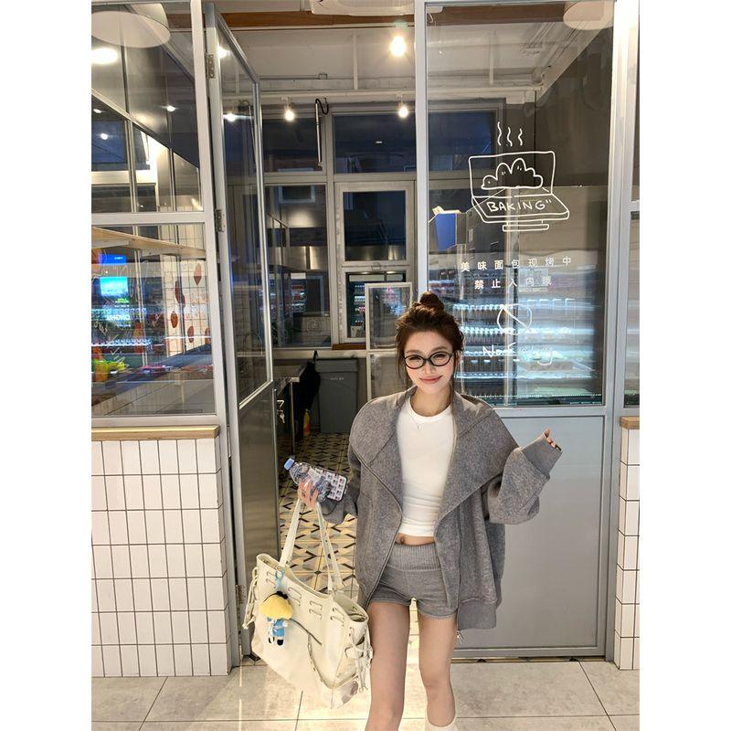 Kumikumi Stylish Gray Double Zipper Long Sleeves Sweaters Women's Clothing Fall Retro Casual Loose-Fitting Coat Top