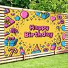 2D Yellow Happy Birthday Backdrop, Cartoon Party Doodles & Gifts Photo Background