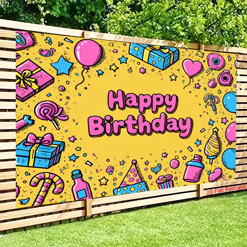 2D Yellow Happy Birthday Backdrop, Cartoon Party Doodles & Gifts Photo Background