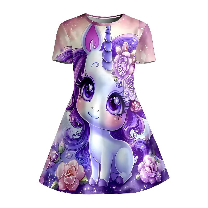 Lila Blume Einhorn Print T-Shirt Kleid für Mädchen, Ein glänzendes Freizeitkleid für Tierliebhaber Kinder, Geeignet für Geburtstagsgeschenke