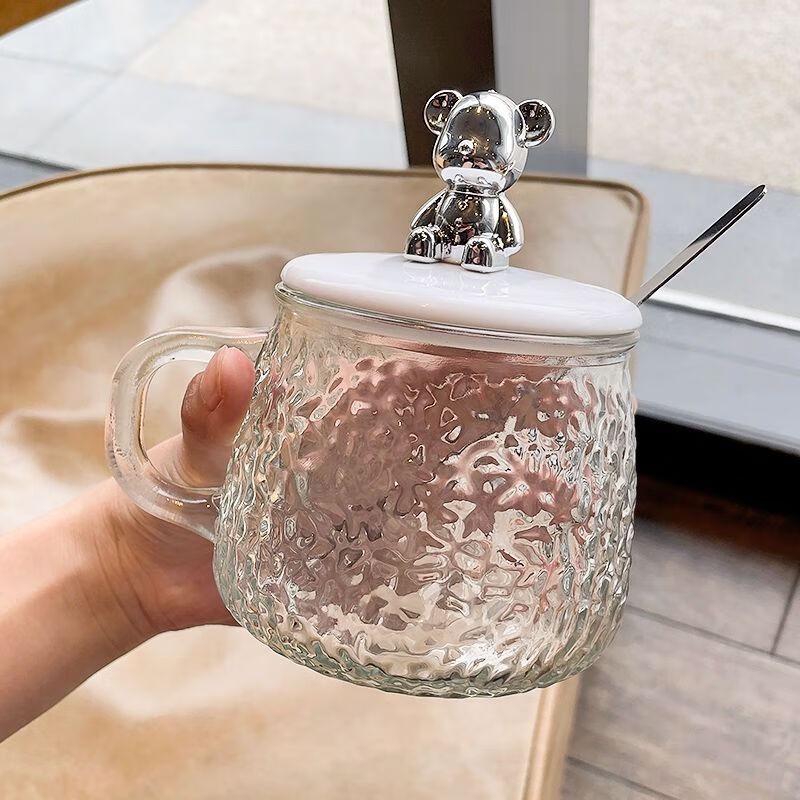 Ins Style Little Bear Glass Mug with Lid and Spoon