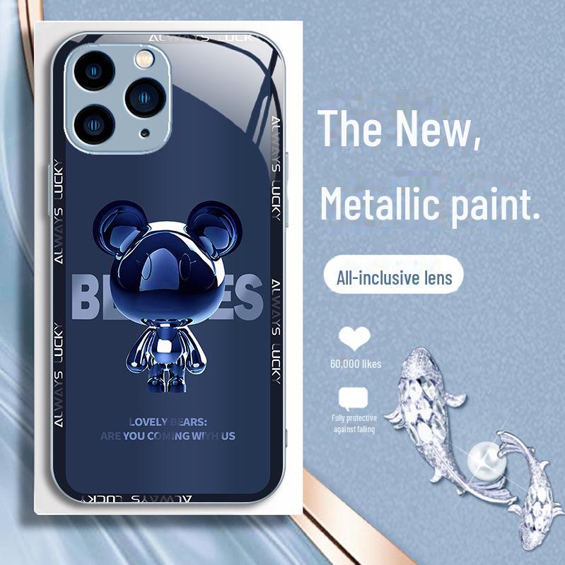 Metal Bear Cartoon Liquid Shell for Apple 13/13 Mini/14 Pro Max/11 Pro/X Premium Glass