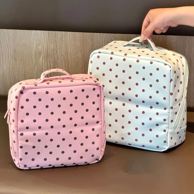 Polka Dot Pu Leather Cosmetic Bag Large Capacity Multi Compartments For Daily Travel Makeup Skincare Storage