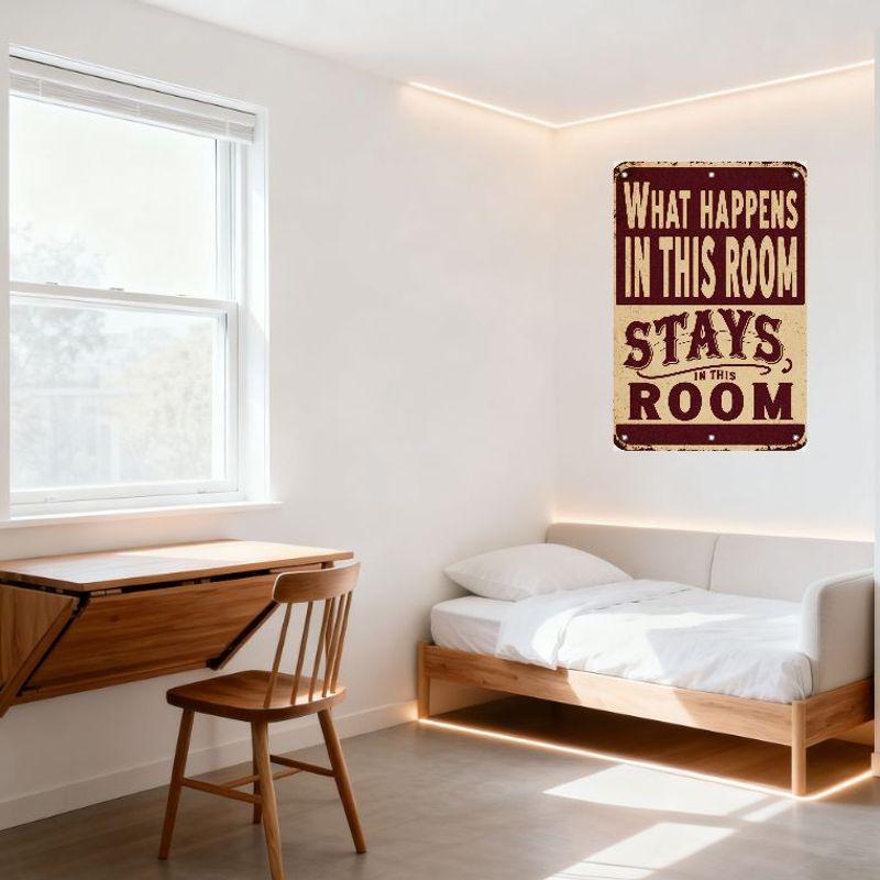 Vintage Rustic Metal Sign 'What Happens In This Room Stays In This Room' Distressed Maroon Beige Aged Tin Plaque for Man Cave Ba