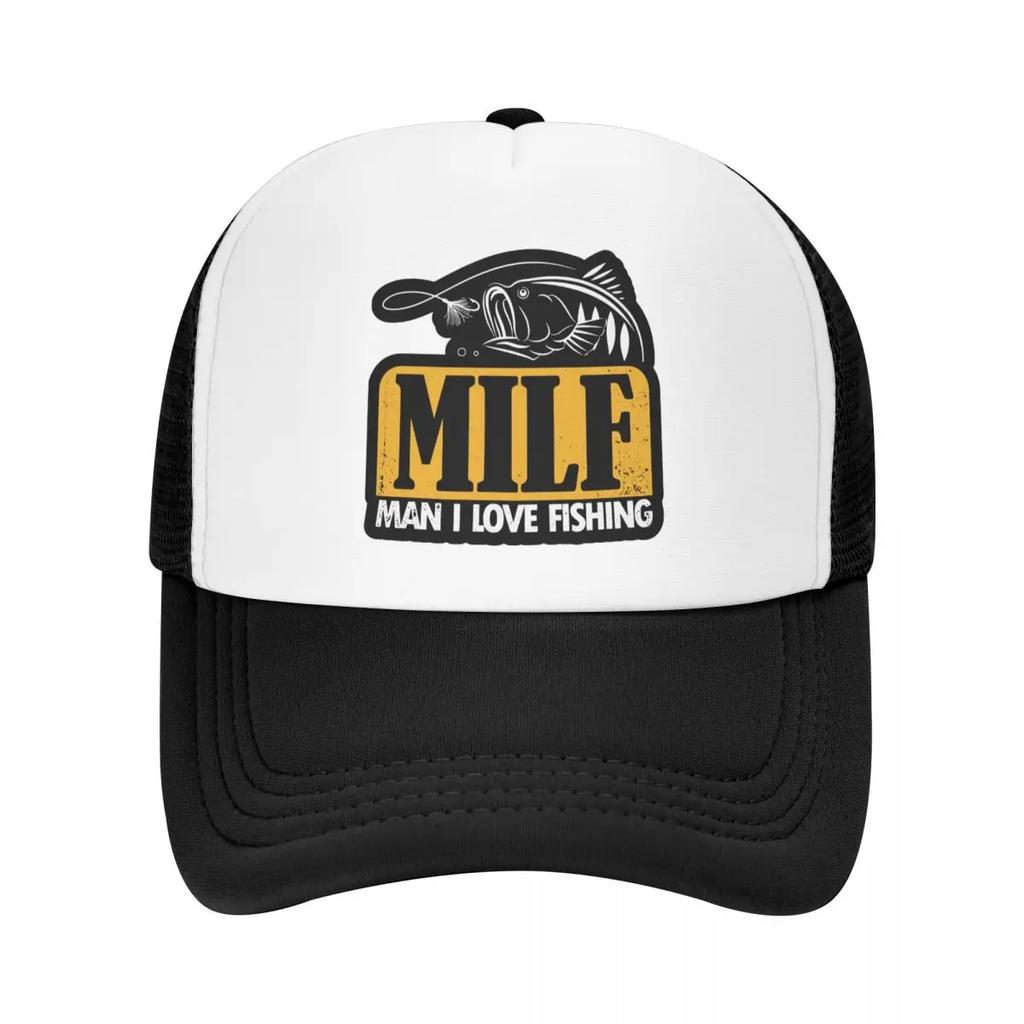 Individuelle Milf Unisex Ich Liebe Angeln Trucker-Kappe für Erwachsene Fischer Unisex Fisch Geschenk Verstellbare Baseballkappe Damen Unisex Hip Hop Trucker-Kappe