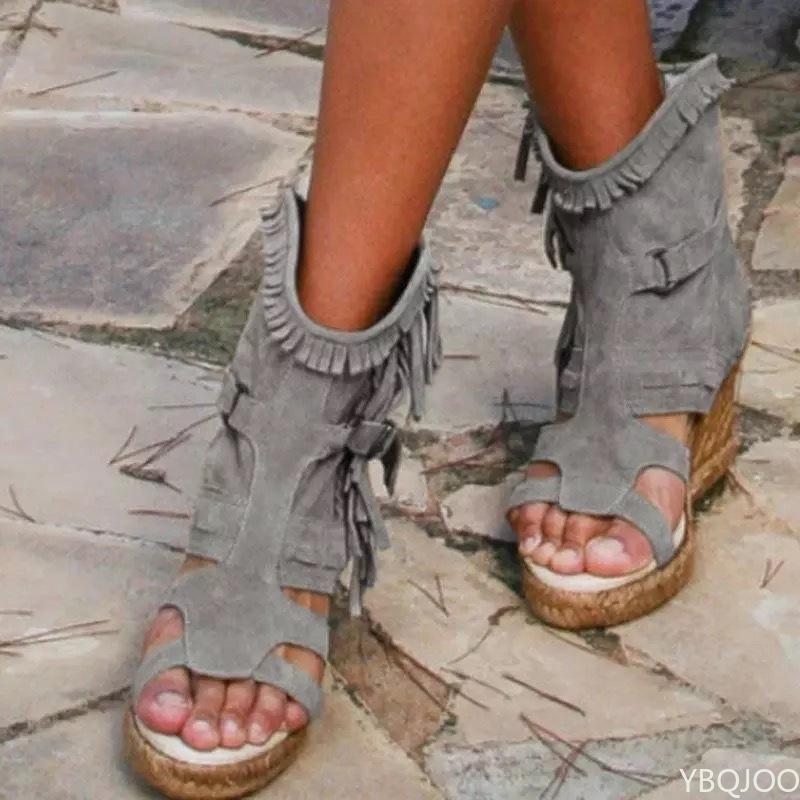 Sandały damskie Lato 34-43 plus Size Buty damskie platforma Koturny Buty z frędzlami Zamknięte palce Rybie usta Buty damskie