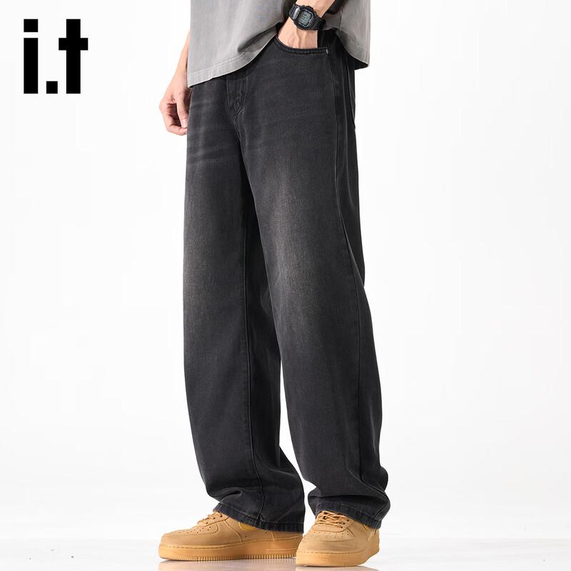 izzue it Men's Washed Black Loose Straight Denim Shorts