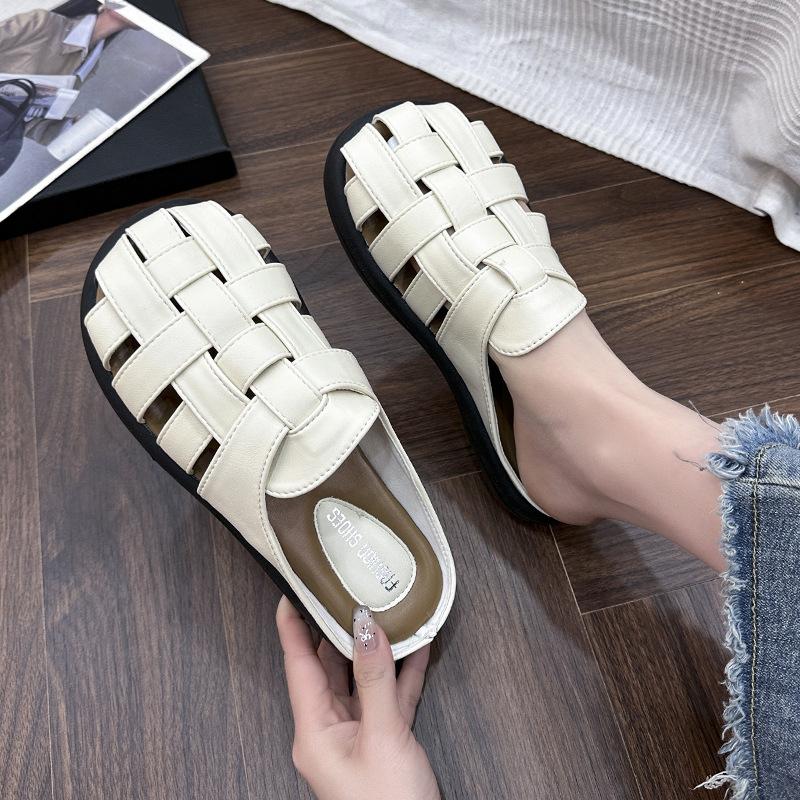Baotou soft-soled half-slippers women's 2025 spring new retro woven hollow-soled thick-soled one-pedal lazy cool slippers