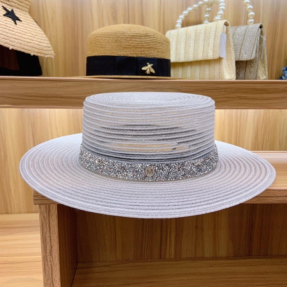 Classical Women Sun Hats foldable Breathable White Black Church Hat for Ladies Rhinestone Band Summer Hat Flat Boater Beach Hat белый