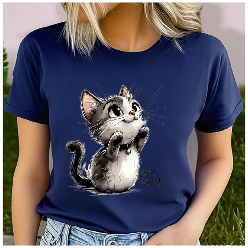 Unisex 100% Polyester Summer Top Great day day Hand-drawn style cat Print Loose round Neck Short Sleeve Fashion for Lovers