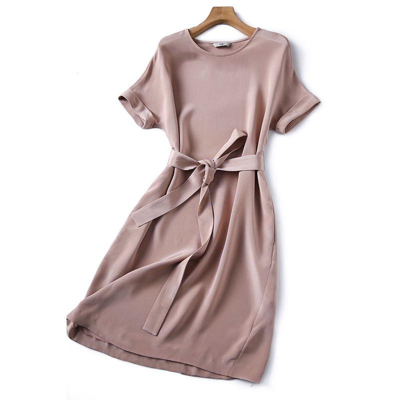 Elegant Mist Pink Lace A-Line Midi Dress with Short Sleeves for Spring & Summer