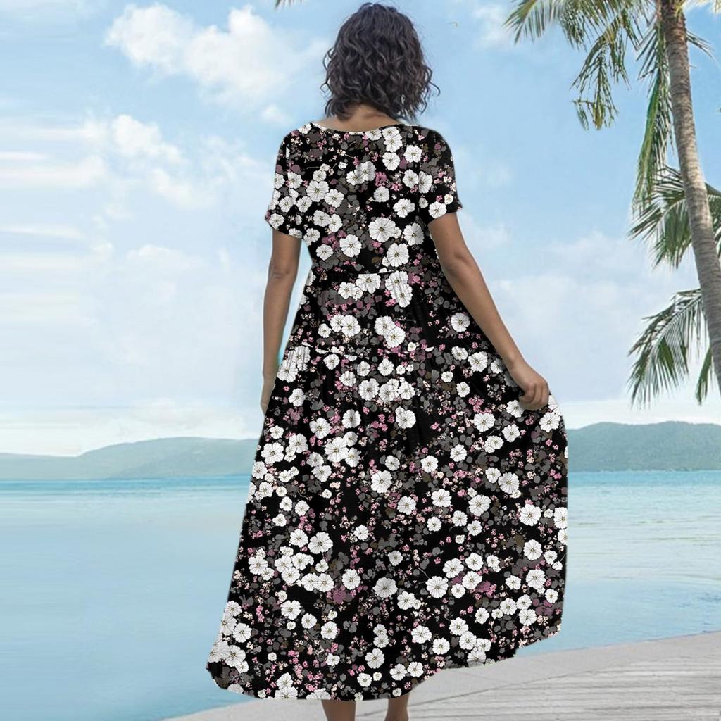 Women's Casual Loose Bohemian Floral Print Short Sleeve Dress