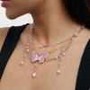 Women Necklace Multi Layer Chain Imitation Pearls Decor Butterflies Charm Choker Necklace Adjustable Length Neck Jewelry
