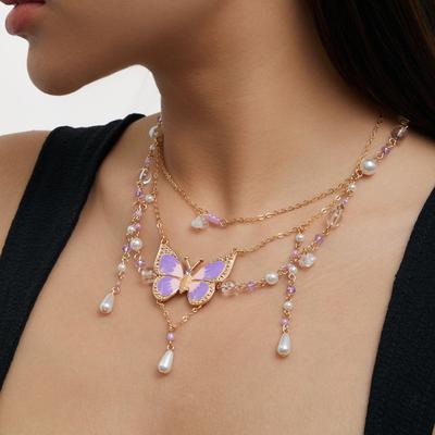 Women Necklace Multi Layer Chain Imitation Pearls Decor Butterflies Charm Choker Necklace Adjustable Length Neck Jewelry