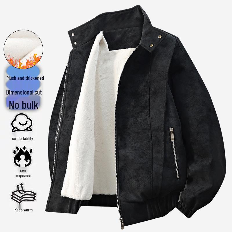 Men's Retro Stand Collar Velvet-Lined Leather Jacket - High-End Loose Fit for Autumn/Winter