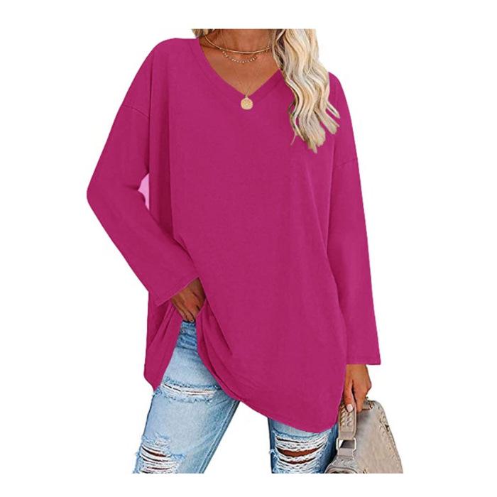 Super Large Multi-color Loose V-neck Women's T-shirt with Drop Shoulder Sleeves