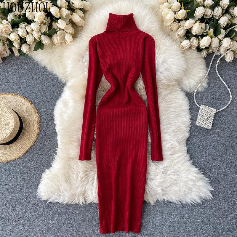 ROchie midi tricotată HOUZHOU pentru femei coreeană vintage elegantă, solidă, cu gât înalt, subțire, toamnă și iarnă, caldă, clasică, cu fundul de bază