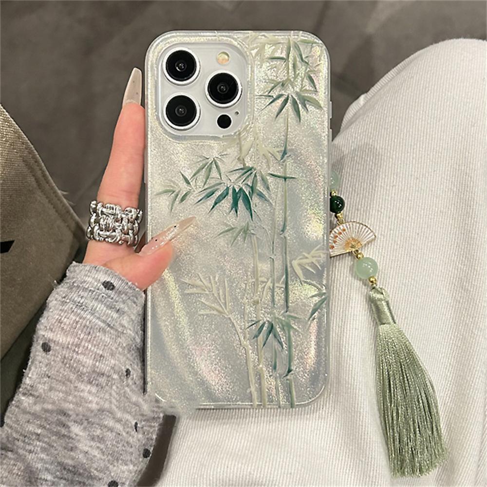 Cute Bamboo Feather Yarn Green New Phone Case For iphone 16 15 14 Pro Max 13 12 11 With Pendant Cover Shockproof Anti-drop Shell
