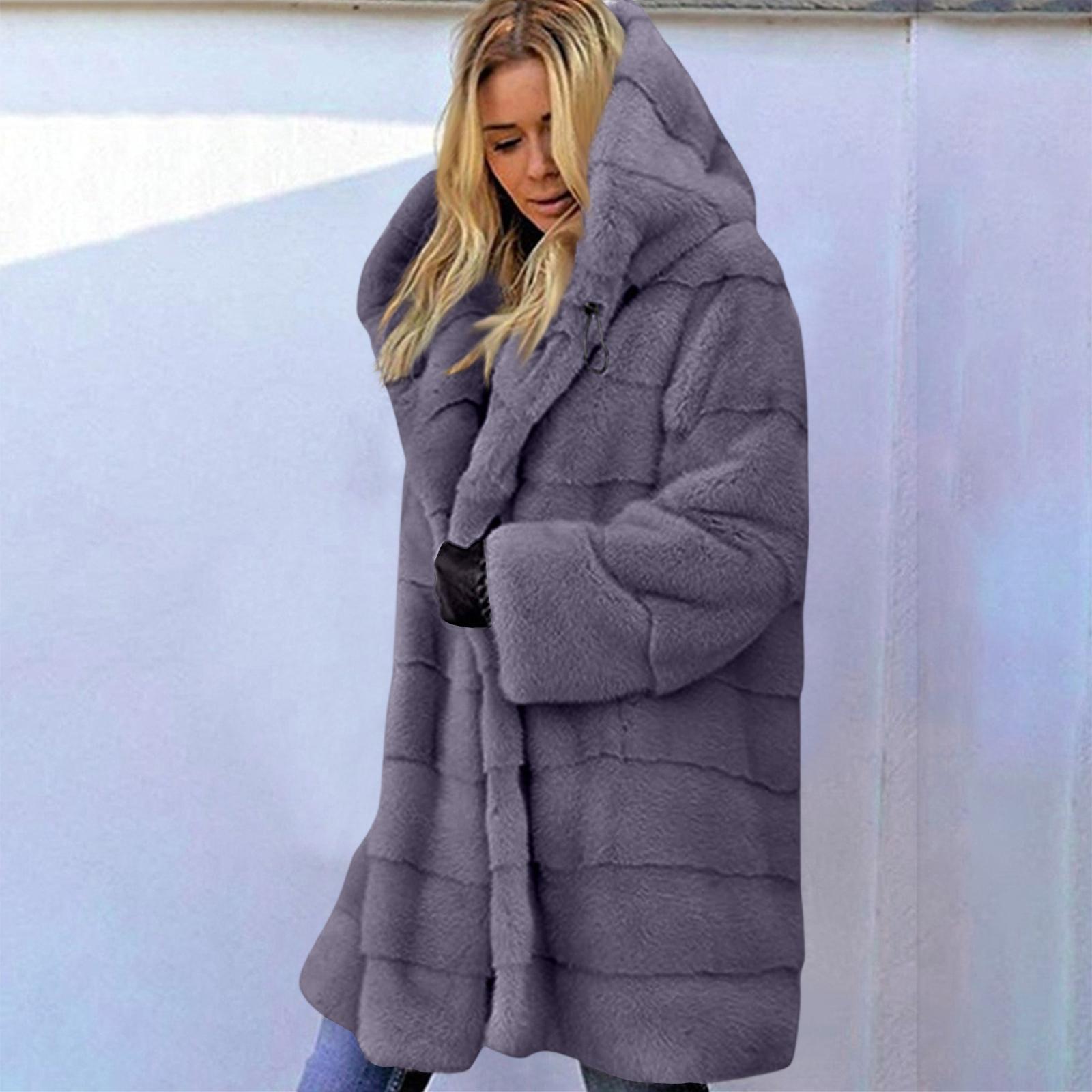 

Жіноче плюшеве пальто середньої довжини вільного крою з капюшоном однотонного кольору XXL