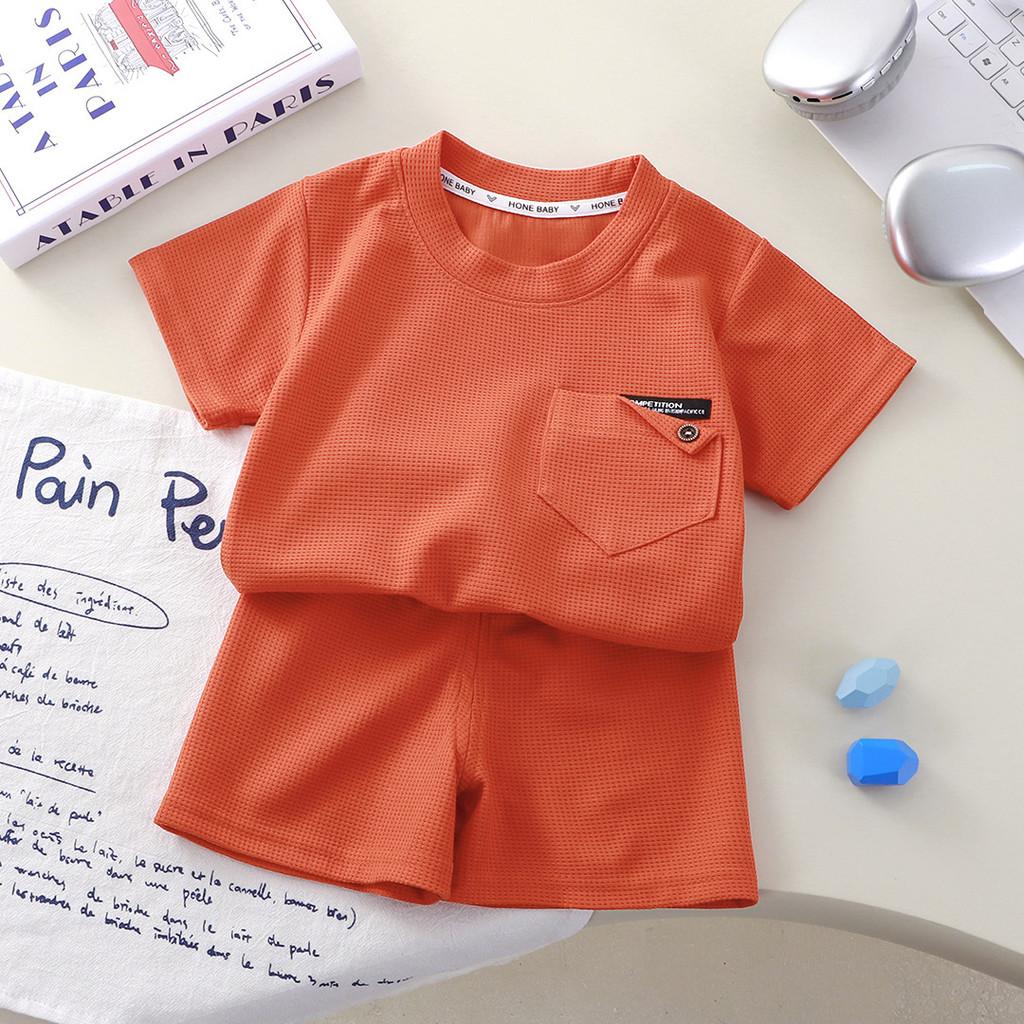 Kids Summer Waffle Short Sleeve Set With Soft Polyester For Toddler Active Play