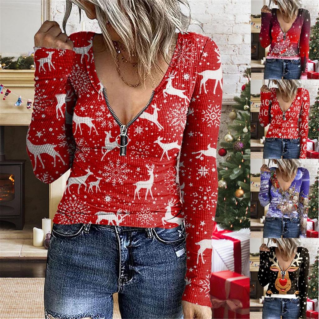 Women's Casual Pullover U-neck Zipper Printed Sweater Christmas Long Sleeve T-shirt