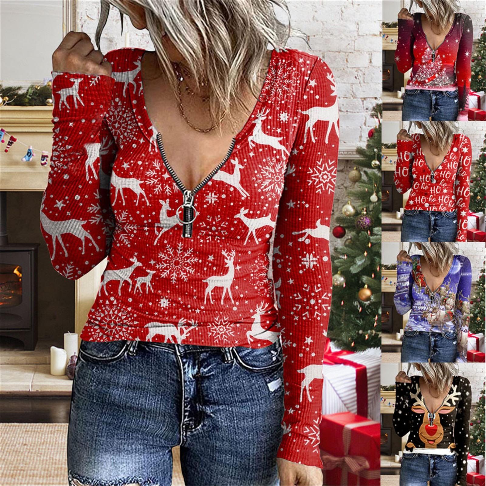 

Women s Casual Pullover U-neck Zipper Printed Sweater Christmas Long Sleeve T-shirt