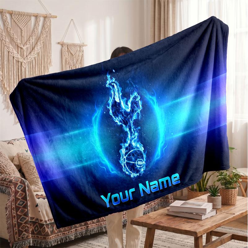 Tottenham Hotspur FC Personalized Fleece Blanket With Football Logo, Custom Name Text Soft Warm Home Throw Blanket