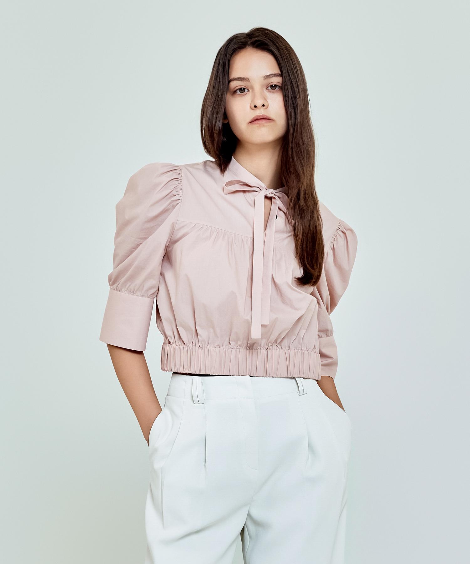 Depassion Ribbon Shirred Short Sleeve Blouse (Baby Pink) Free/Free