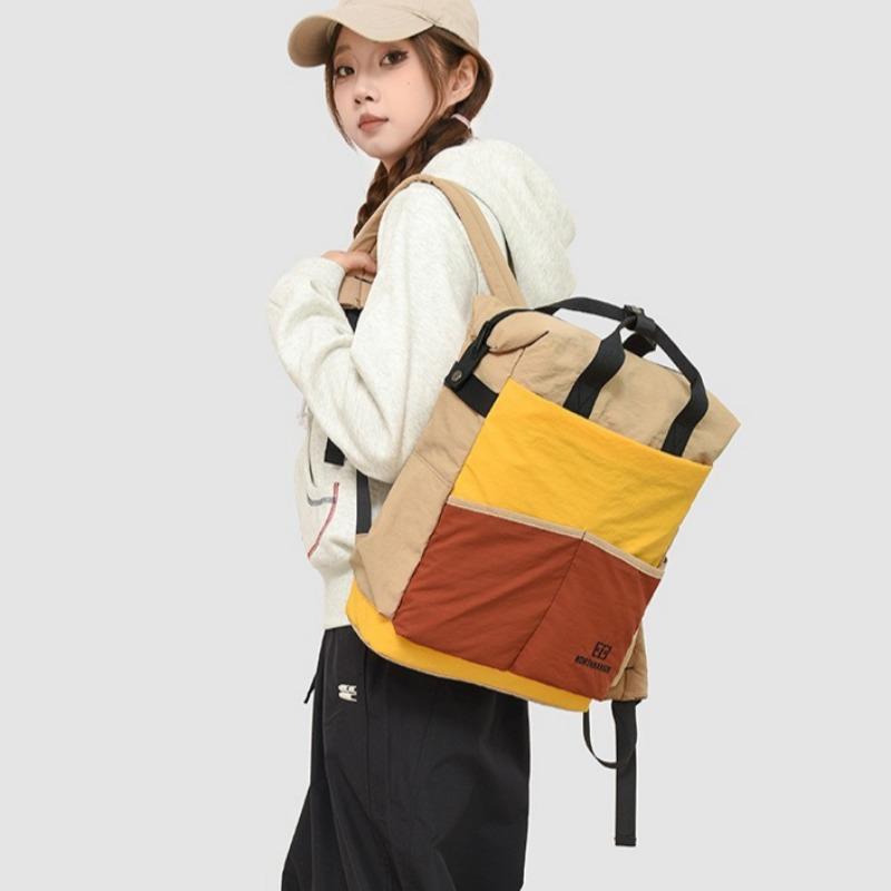 Fashion Color-Block Women Backpack Sporty Casual Student Bookbag Light Waterproof Outdoor Camping Travel Rucksack Nylon Daypack