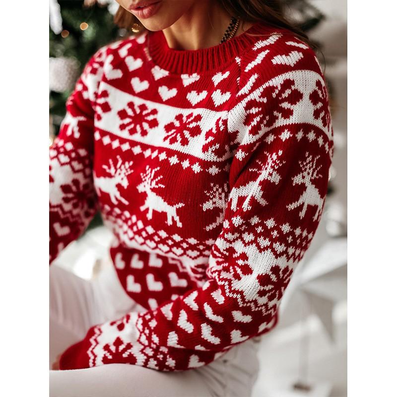 2024 Autumn/Winter Women s Christmas Snowflake Long Sleeve Knitted Sweater Medium красный