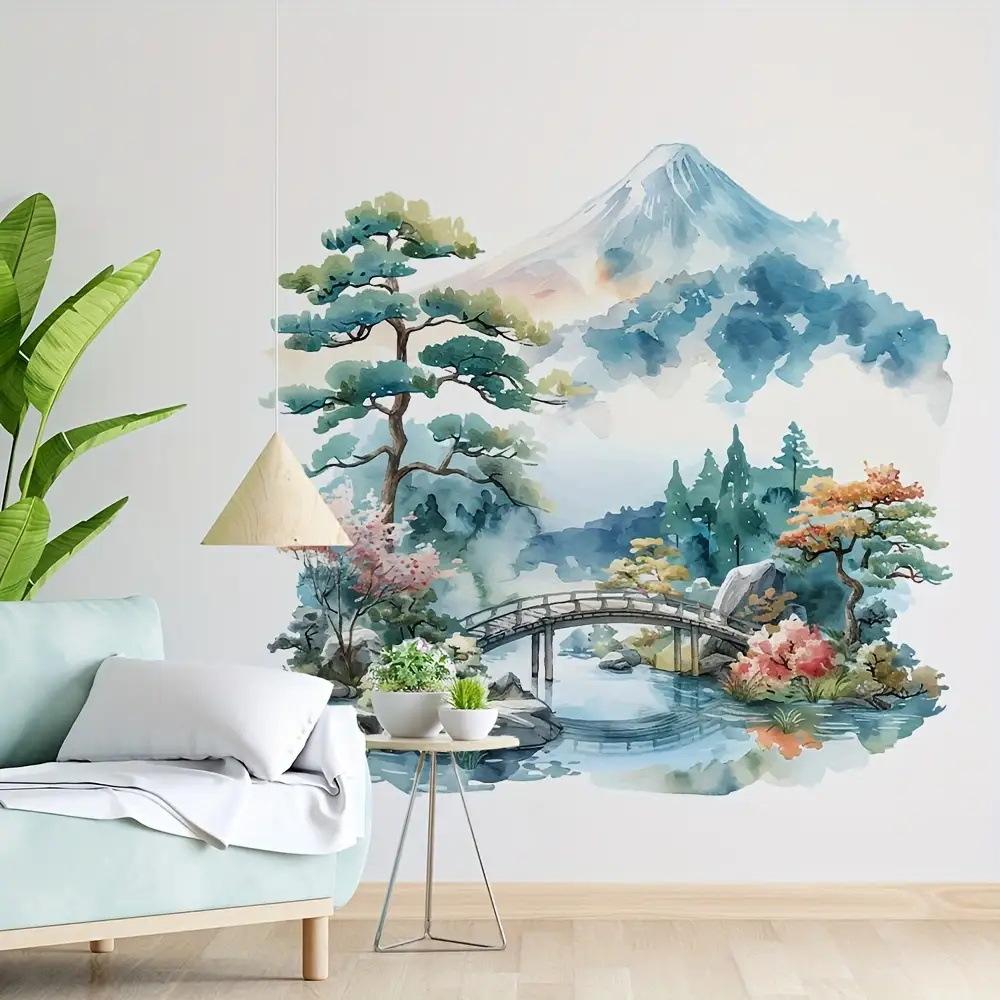 Watercolor Mount Fuji Wall Sticker Japanese Zen Living Room Bedroom Self Adhesive Waterproof