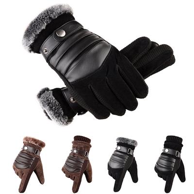 Brown Mens Leather Gloves Real Pigskin  Winter Gloves Warm Thick Driving Skiing Men's Gloves