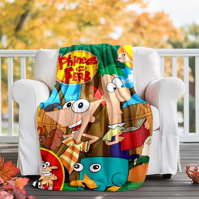 1pc Phineas and Ferb1 Theme Blanket - Digital Print, Polyester, Cozy for All Seasons, Perfect for Outdoor, and Travel