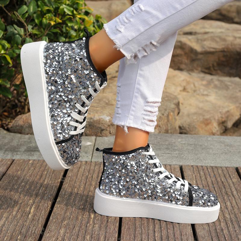 Luxury Sequined Thick Bottom Skate Shoes Women 2025 Autumn Round Toe Lace Up Casual Shoes Comfort Soft Sole Non Slip Sneakers