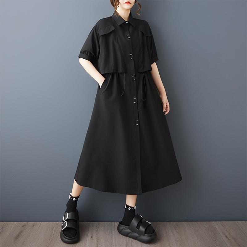 Short Sleeve Plus Size Black Vintage New In Dresses for Women Casual Loose Long Summer Shirt Dress